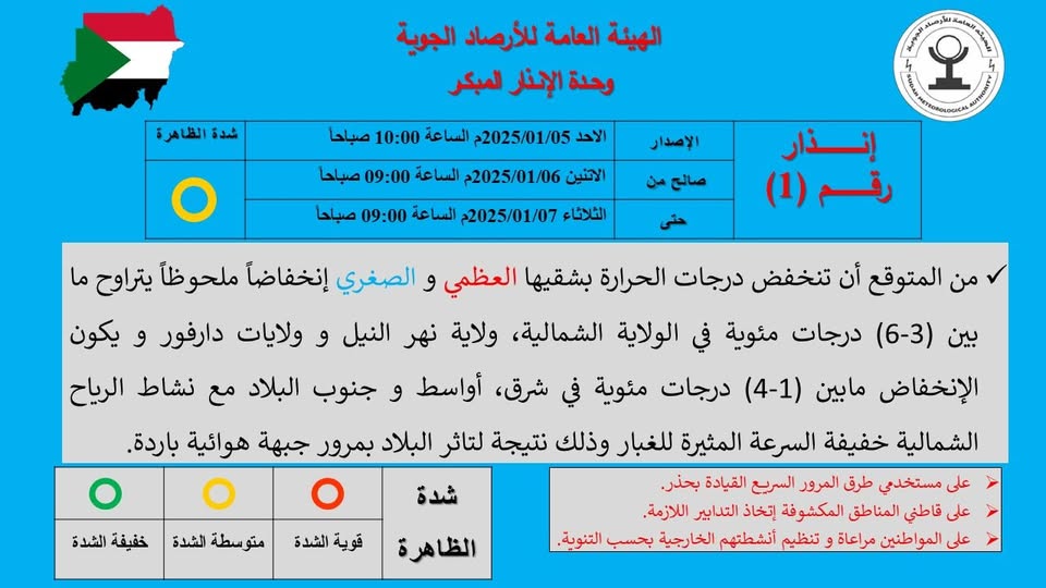 إنذار بانخفاض درجات الحرارة من هيئة الأرصاد الجوية