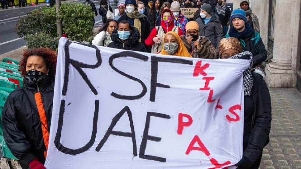 RSF kills UAE pays احتجاجات للسودانيين في لندن ضد دعم الإمارات للدعم السريع.jpg