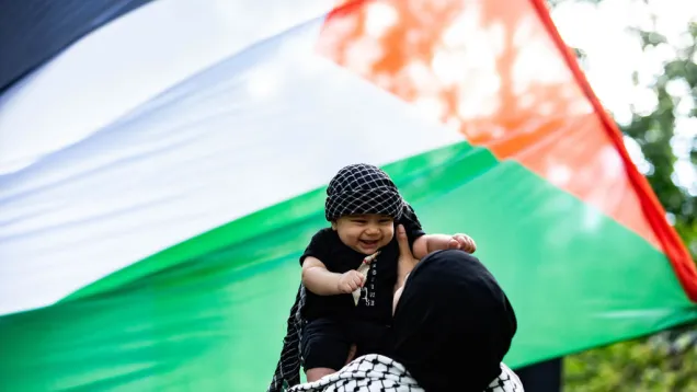 سيدة تحمل طفلًا - كوفية - علم فلسطين.jpg