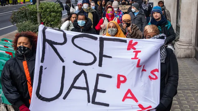 RSF kills UAE pays احتجاجات للسودانيين في لندن ضد دعم الإمارات للدعم السريع.jpg